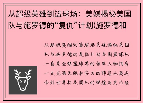 从超级英雄到篮球场：美媒揭秘美国队与施罗德的“复仇”计划(施罗德和湖人)